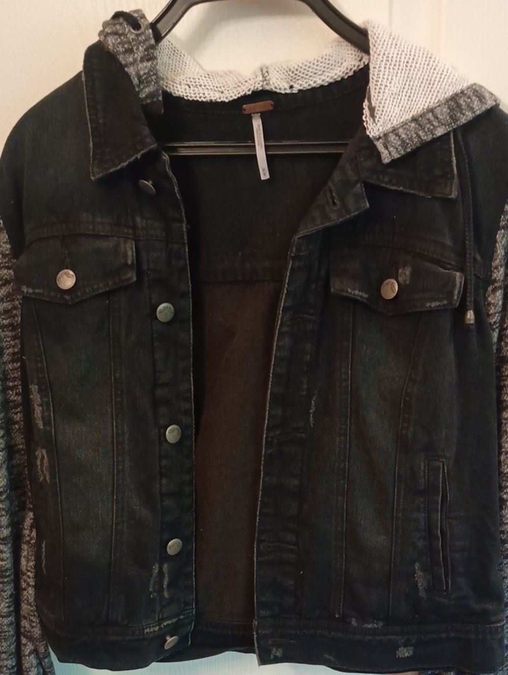 Free People Black Denim Jacket with Gray Knit Hood and Sleeves